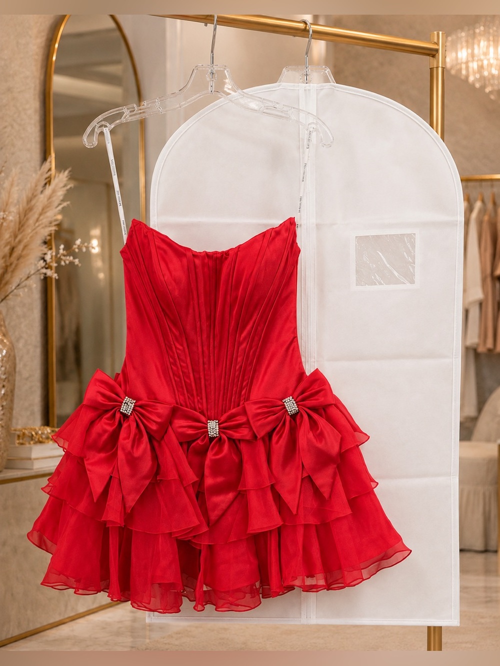 🌹 SHERRI HILL Beautiful Bold Red Drop Waist Bow Ruffle Corset Homecoming Dress - Picture 7 of 10